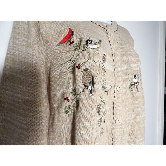 Vtg Blair Knit Cardigan Sweater Large Birds Cardinals Finches Grandma Beige - Picture 13 of 14
